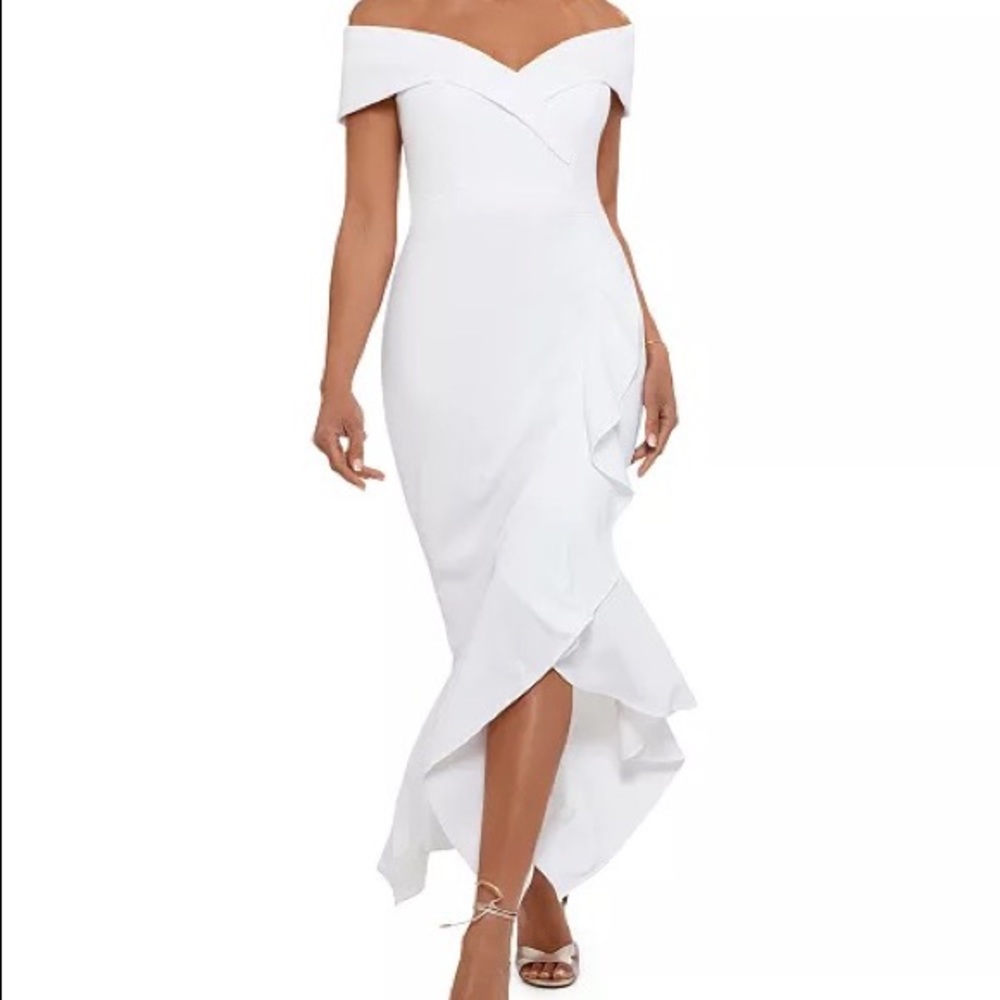 CLOSEOUT Xscape Ruffled Off-the-Shoulder Gown - White, Size 4